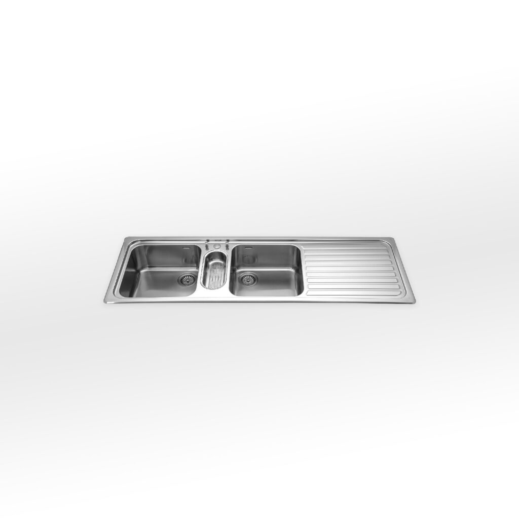 Built-in sink 51×159 cm, with two left or right bowls radius 60, small oval bowl with removable basin and draining board.