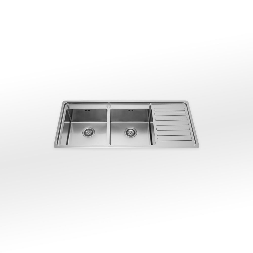LFPS 5117/2V1S | LFPS 5117/1S2V Alpes Inox Built-in flush sink 51×117 cm with two left or right bowls radius 12 of the same size and draining board